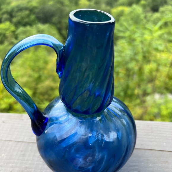 set of 2 vintage blue vases, blown glass swirl and stoneware - Picture 12 of 15